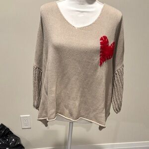 Chic Beige V-Neck Sweater with Red Heart Accent